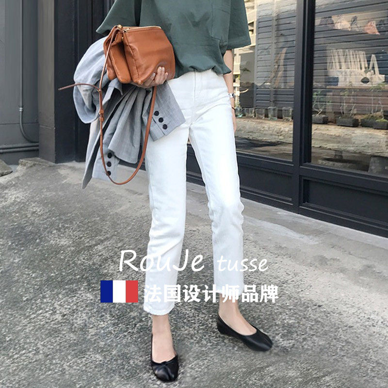 白色烟管裤女2025春夏新款牛仔裤显瘦高腰小个子八分九分直筒裤潮