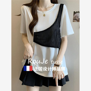 tusse遮肚子设计感假两件短袖 Rouje t恤女夏胖mm宽松显瘦圆领上衣