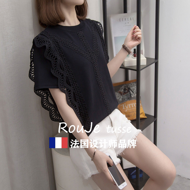 法国Rouje tusse大码女装夏洋气宽松冰丝短袖T恤胖mm蕾丝针织上衣