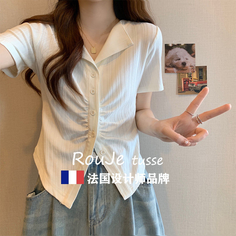 法国Rouje tusse大码翻领短袖正肩衬衫女胖妹妹小众别致短款显瘦