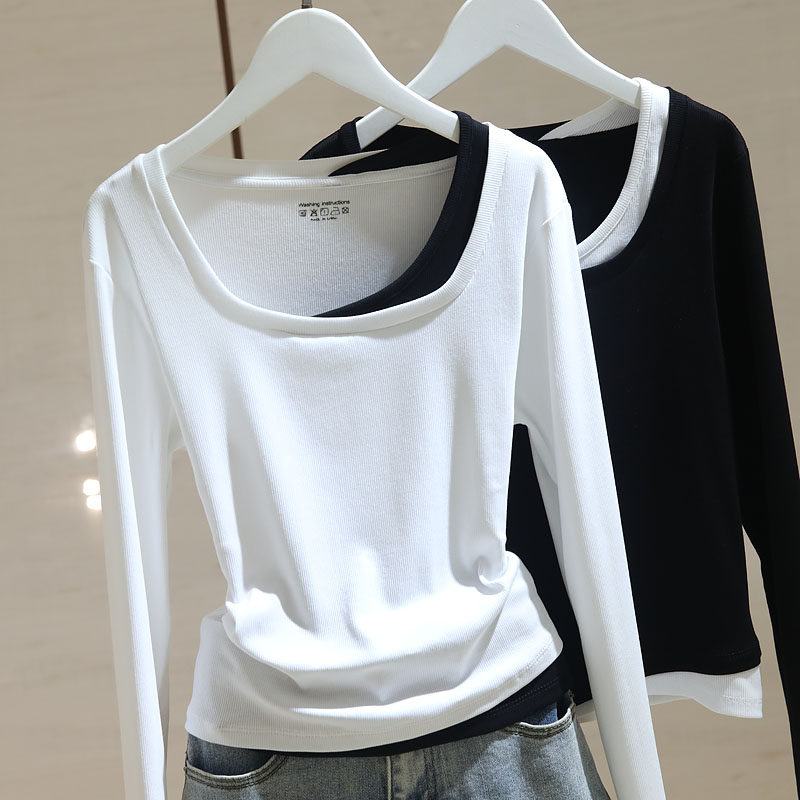 白色假两件t恤女长袖2024秋季新款修身显瘦短款方领打底衫上衣潮