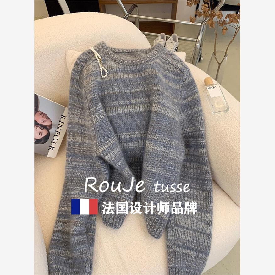 Rouje tusse春季圆领羊绒毛衣女内搭简约长袖宽松针织羊毛打底衫