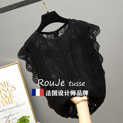 法国Rouje tusse黑色蕾丝衫女上衣夏时尚波浪边无袖镂空洋气小衫