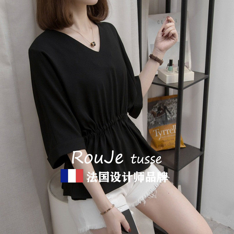 法国Rouje tusse大码女装夏装时尚V领收腰显瘦上衣女洋气百搭衬衫