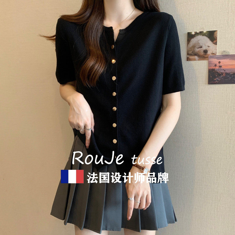 法国Rouje tusse遮肚子冰丝短袖针织衫女夏季胖妹妹洋气显瘦上衣