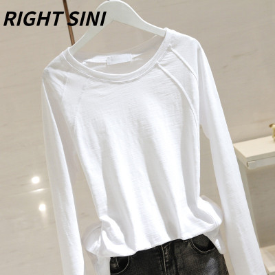 白色竹节棉t恤女长袖2025秋季新款修身显瘦打底圆领体恤衫上衣潮