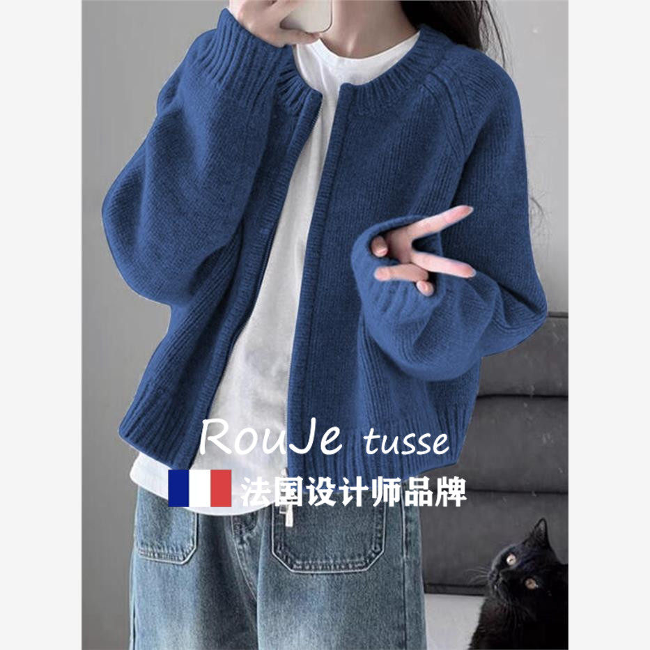 法国Rouje tusse蓝色羊绒毛衣外套女羊毛针织开 衫春拉炼 炼 卫衣