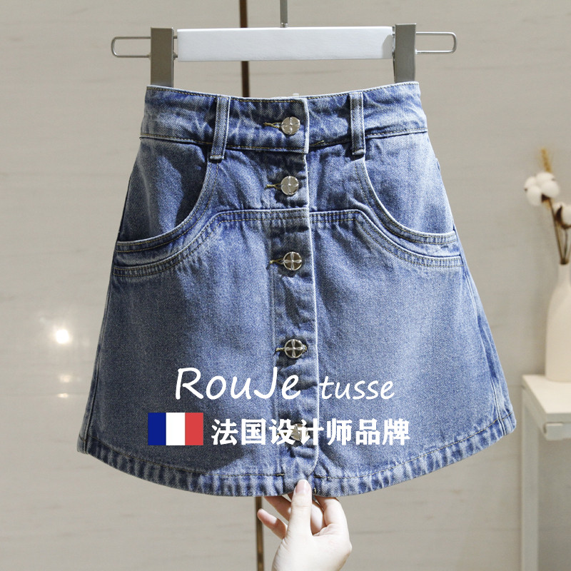 法国Rouje tusse复古牛仔短裤裙高腰修身显瘦设计感排扣a字半身裙