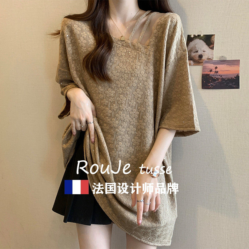 法国Rouje tusse法式露肩遮肚子斜领针织衫女胖妹妹短袖减龄上衣