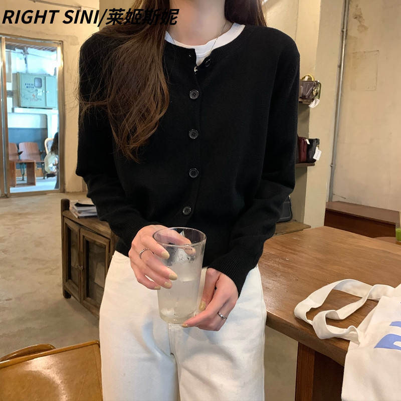 黑色外搭开衫女春季韩版时尚老钱风短款羊绒毛衣软糯羊毛上衣外套