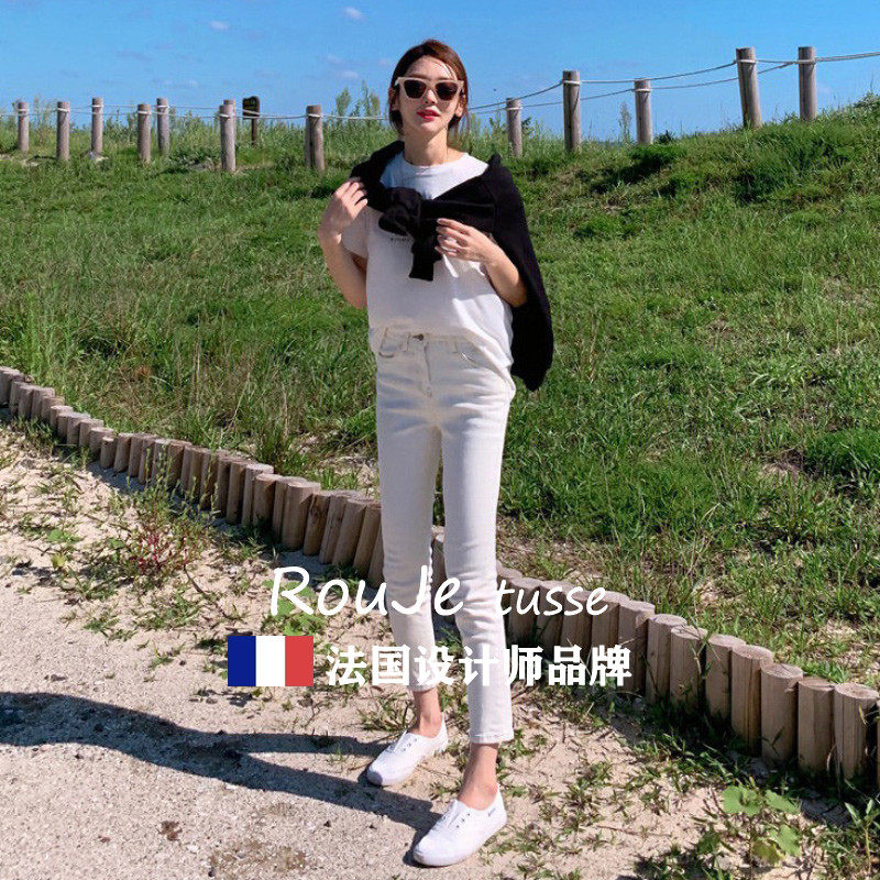 专柜八分直筒牛仔裤女2025年韩版春夏新款高腰白色显瘦九分烟管裤