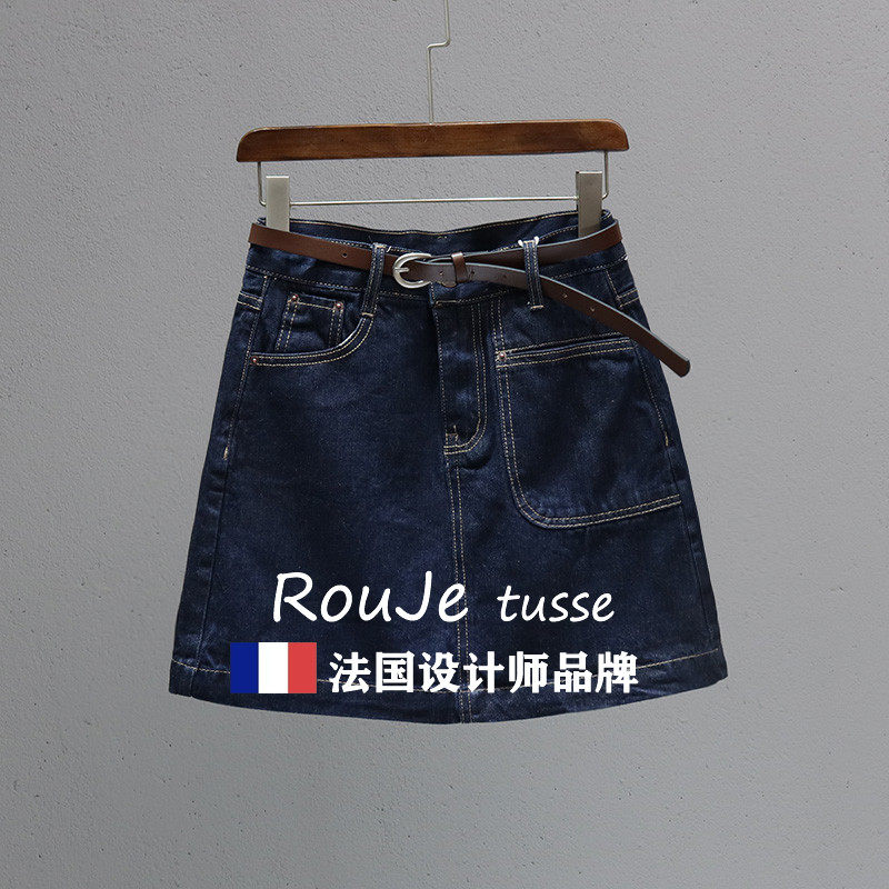 法国Rouje tusse高腰牛仔裙女夏深蓝色防走光短裙时尚显瘦半身裙