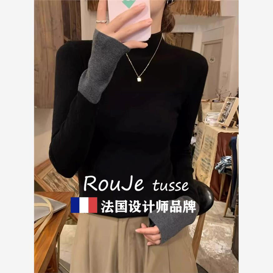Rouje tusse黑色半高领羊毛针织衫女秋冬毛衣内搭打底衫羊绒上衣
