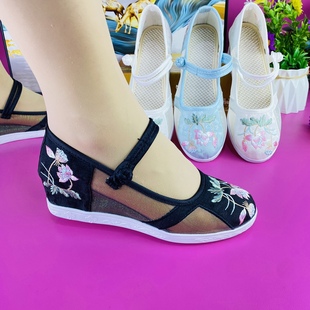 圓頭透氣漢服鞋 老北京布鞋 女網(wǎng)紗漢服鞋 內(nèi)增高民族風(fēng)廣場舞繡花鞋