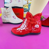 汉服靴 民族风布鞋 秋冬加绒绣花靴子绣花鞋 舞蹈女靴坡跟内增高女鞋