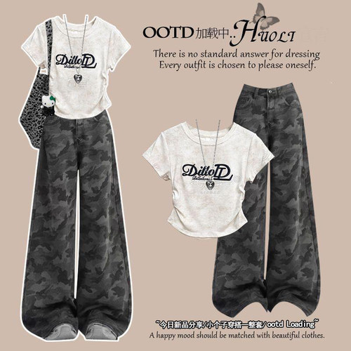 美式穿搭正肩掐腰白色上衣2026夏季爆款两件套小个子修身短袖t恤