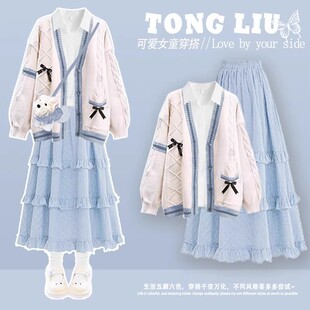 女巨好看早春装针织连衣裙2026新款女初中生富家千金感裙子