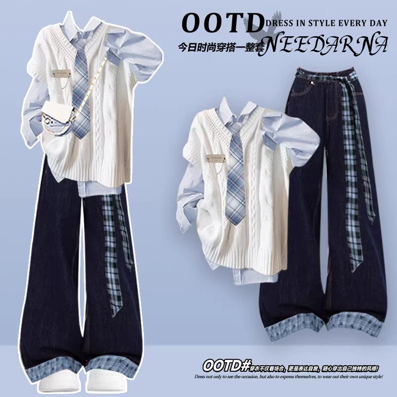 2026超火韩系chic一整套ootd穿搭高级感早春学院风衬衫马甲套装裤