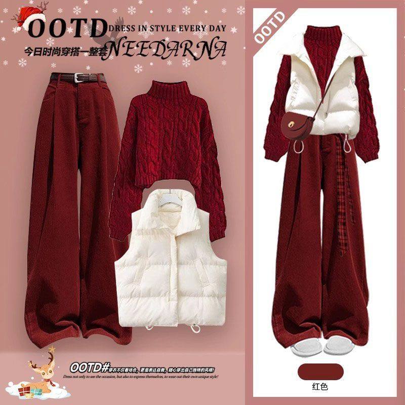 冬季套装女2025新款女学院风棉服马甲红色毛衣加绒阔腿裤三件套,女装/女士精品,时尚套装,淘宝优惠券,粉丝福利购,淘宝优惠卷