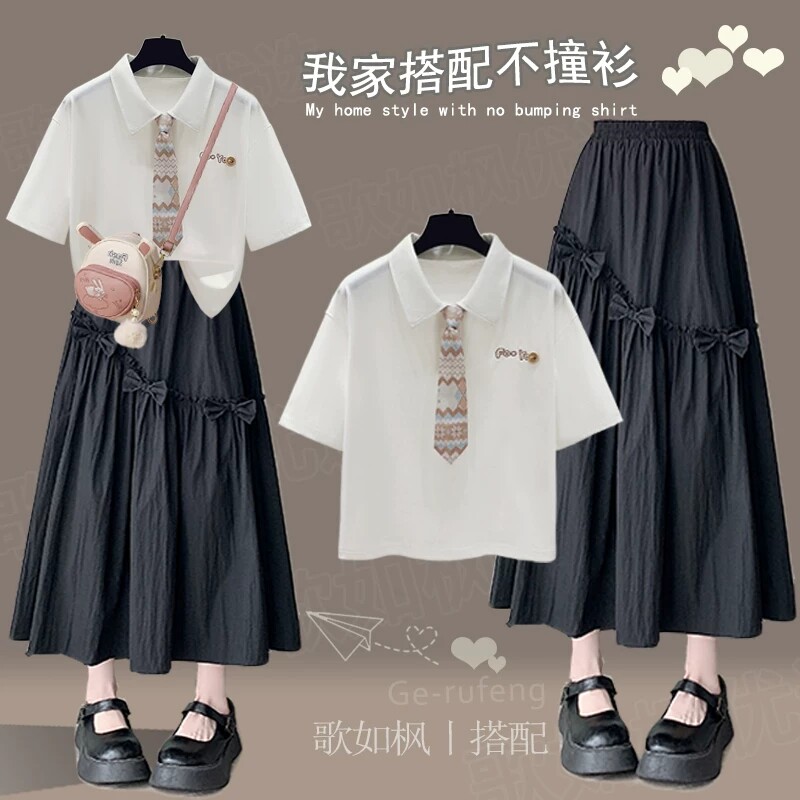青少年女装学生初中生套装裙子长款少女高中生夏天时尚洋气连衣裙图片