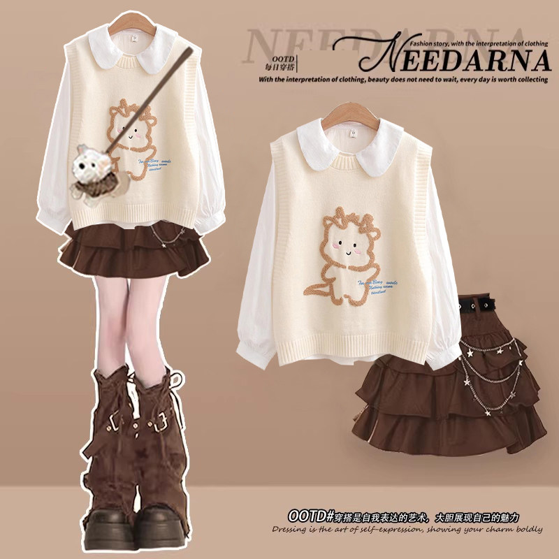 2026冬季超火穿搭套装韩系美拉德针织马甲娃娃领衬衫裙子三件套,女装/女士精品,时尚套装,淘宝优惠券,粉丝福利购,淘宝优惠卷