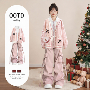 韩系冬季套装jk制服学院风套装巨好看的冬装一整套粉色毛衣外套女