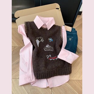 春季套装两件套无袖针织背心马甲叠穿粉色长袖衬衫女设计感上衣