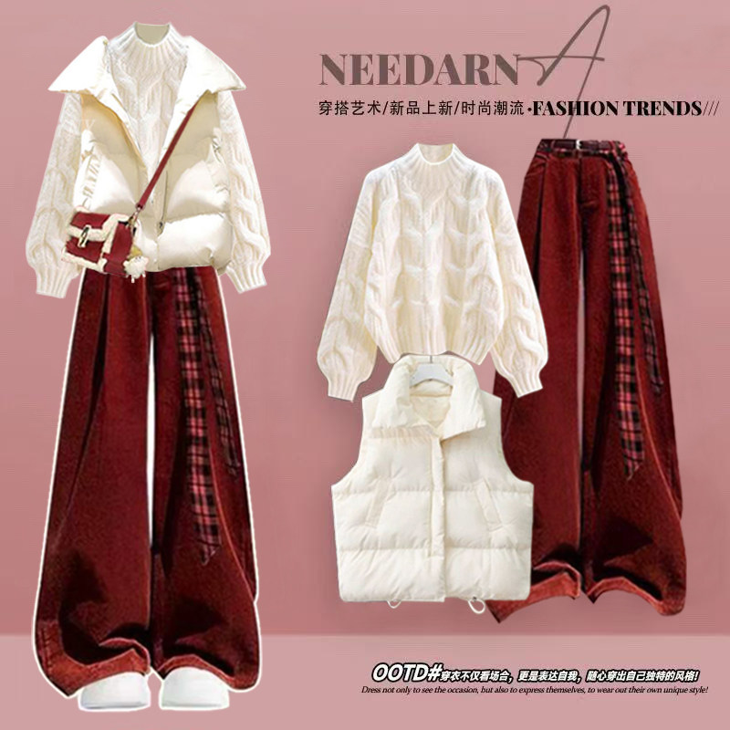 2025冬季套装女韩版宽松学院风宽松毛衣马甲棉服加绒阔腿裤三件套