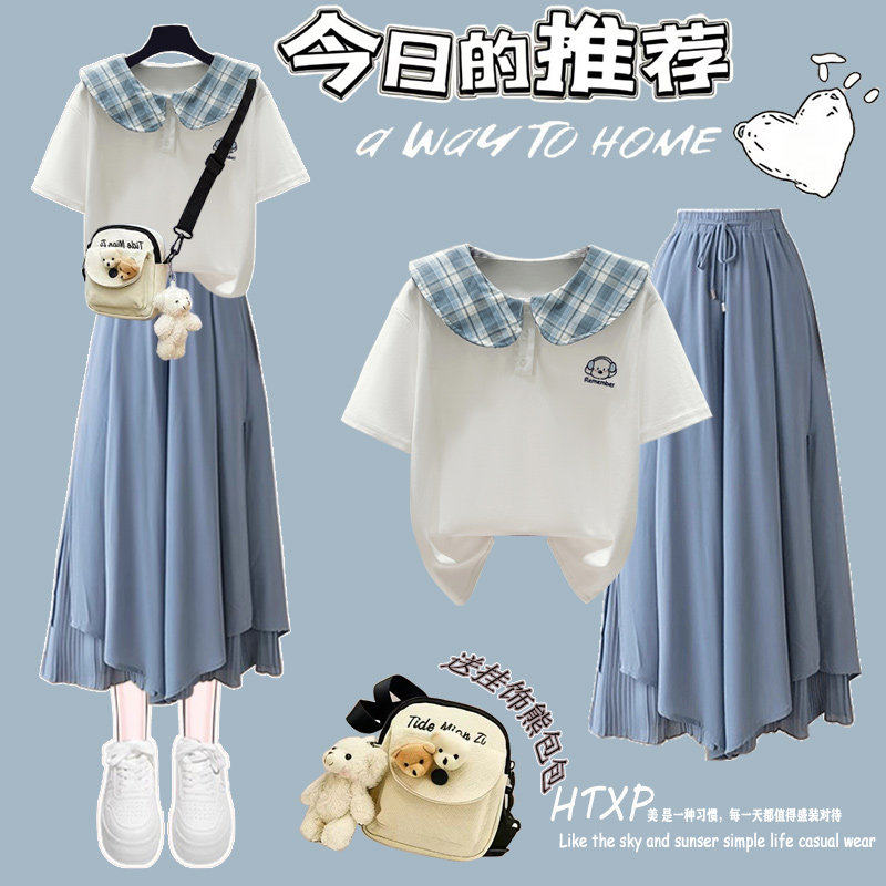 韩系初中生洋气套装2026夏季少女娃娃领短袖T恤+裙裤高中学生穿搭