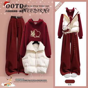 2025秋冬套装 三件套 女红色圣诞氛围感加绒卫衣马甲棉服显瘦阔腿裤