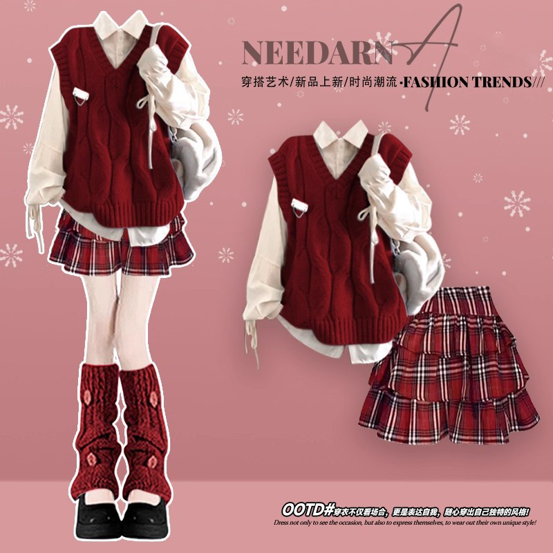 巨好看的毛衣裙子女2026超火冬装三件套圣诞穿搭学院风针织连衣裙