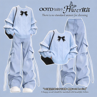 2026春季套装女学生小清新设计感荷叶边毛衣工装阔腿裤洋气两件套