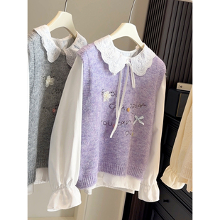 蕾丝领衬衫 2025秋季 马甲 日系小清新甜美花朵针织衫 女两件套 新款