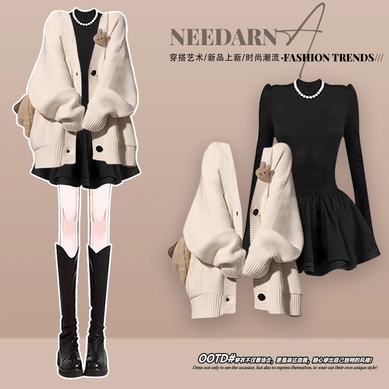 富家千金miu系穿搭针织毛衣短裙女秋冬季巨好看法式黑色连衣裙子