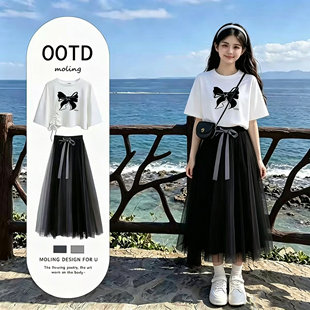 韩系蝴蝶印花网纱连衣裙女大童夏季初高中学生小个子两件套装裙子