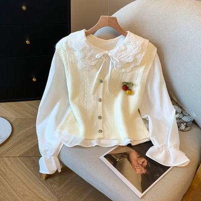 娃娃领长袖衬衫针织马甲背心两件套女2025秋新款韩系上衣套装