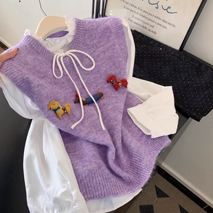 两件套白衬衫系带叠穿套头长袖针织衫毛衣马甲背心女士设计感上衣