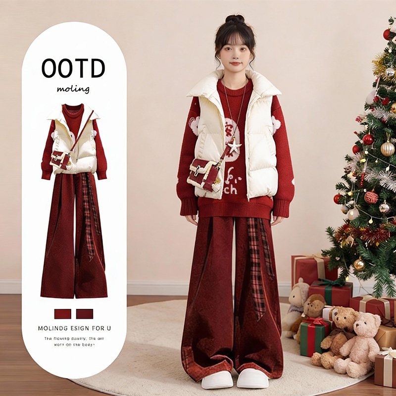 圣诞穿搭2025冬季一整套女装红喜乐毛衣棉服马甲加绒阔腿裤三件套