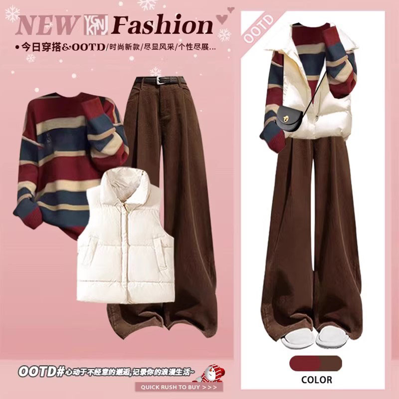 冬季外套复古条纹软糯慵懒毛衣撞色针织衫显瘦阔腿裤三件套装穿搭