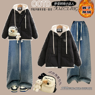 棉服女冬季新款假两件面包服初中学生韩版休闲加厚少女棉衣外套