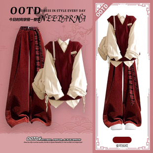 韩式慵懒chic学院风毛衣女冬季一整套穿搭高级感巨好看的休闲套装