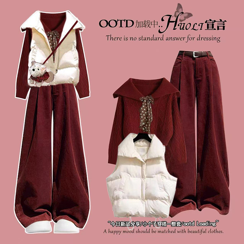 2025冬季套装女韩版宽松学院风马甲棉服红蝴蝶结毛衣阔腿裤三件套