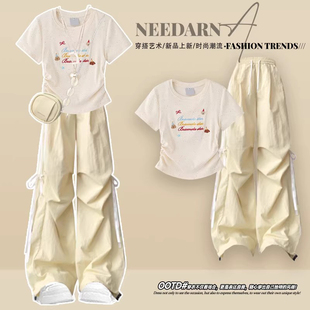 夏季多巴胺穿搭韩系修身T恤休闲裤子2026新款初夏独特绝美小套装