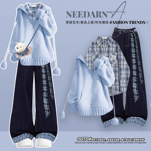 多巴胺学院风针织蓝色毛衣套装巨好看的韩系一整套深冬穿搭牛仔裤