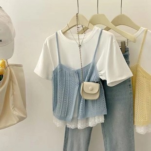 t恤女夏2025叠穿针织吊带背心两件套 2025甜妹风蕾丝下摆短袖