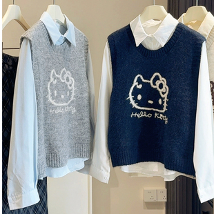 卡通猫咪刺绣针织马甲背心女秋冬新款外搭叠穿衬衫上衣两件套装
