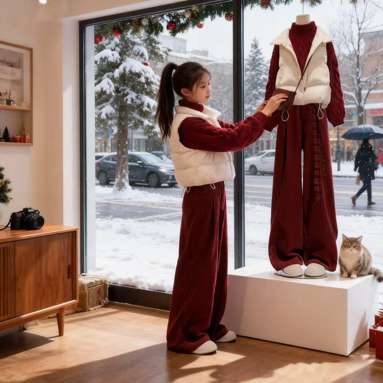 冬季套装女2025新款女学院棉服马甲红色高领毛衣加绒阔腿裤三件套,女装/女士精品,时尚套装,淘宝优惠券,粉丝福利购,淘宝优惠卷