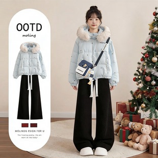 两件套 女学生小清新可爱毛领连帽棉服加绒阔腿裤 2025冬季 套装