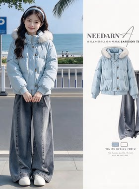 冬季套装女2026新款学生小清新学院风连帽毛领棉服牛仔裤两件套