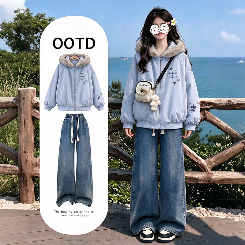 冬季套装女新款刺绣加绒棉服女生百搭宽松加厚保暖棉衣牛仔裤套装